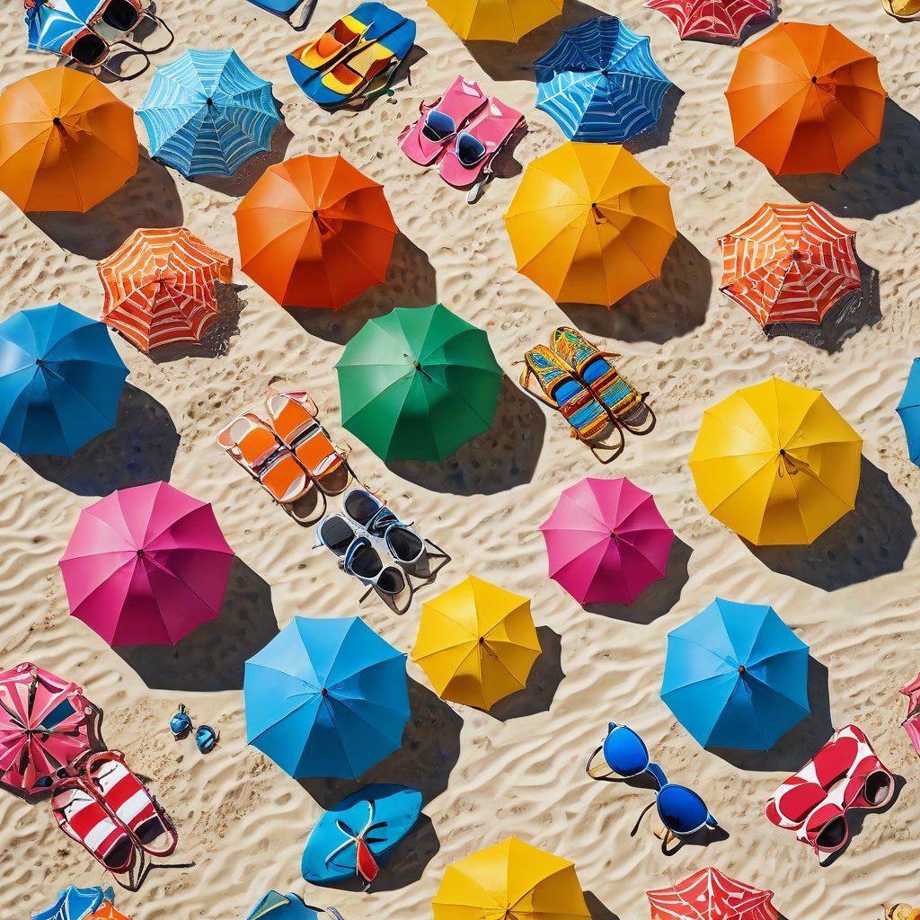A sun-soaked beach scene featuring diverse models showcasing an array of trendy thongs and bikinis in vibrant colors and patterns. Include stylish beach umbrellas, a sparkling ocean in the background, and playful beach accessories like sunglasses and beach balls. The setting captures a joyful, relaxed summer vibe that invites beach lovers to explore their style. super-realistic. vibrant colors. bright blue sky.